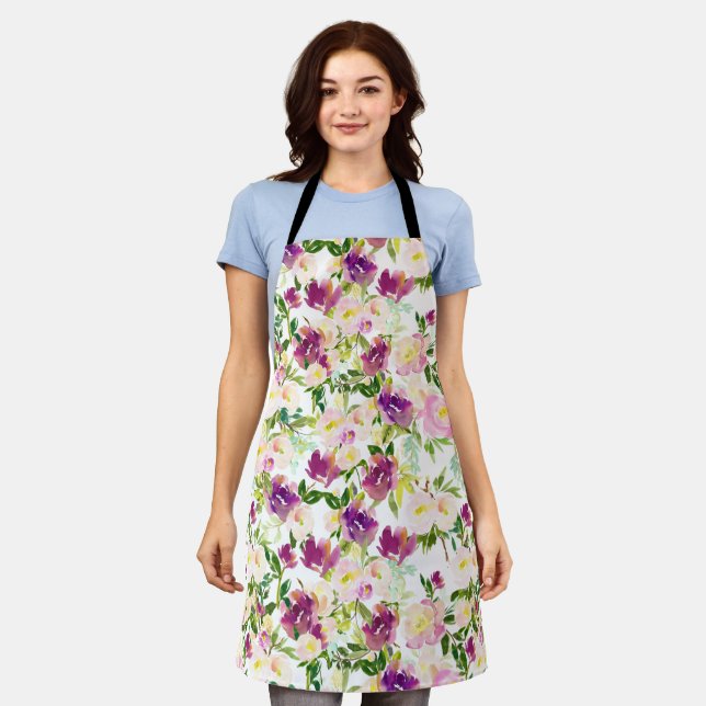 Girly Pink Burgundy Watercolor Floral Apron (Worn)