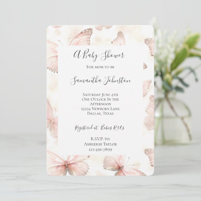 Girly Pink Butterflies Baby Shower Invitation (Standing Front)