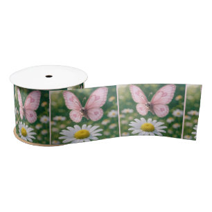 Girly Pink Butterfly and White Daisy Satin Ribbon