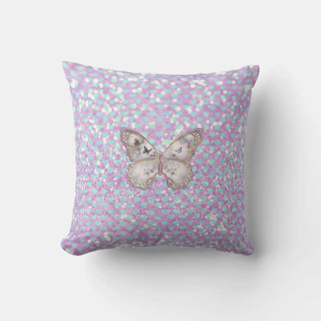 Girly Pink Butterfly Blue Hearts Glitter Pattern Cushion (Front)
