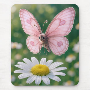 Girly Pink Butterfly Hovering Over Daisy Mouse Mat