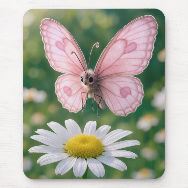 Girly Pink Butterfly Hovering Over Daisy Mouse Mat (Front)