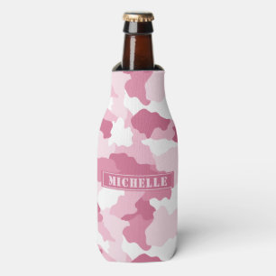 Girly Pink Camo Camouflage Monogram Name Bottle Cooler
