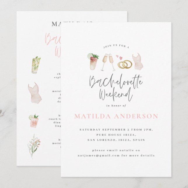 Girly pink champagne chic bachelorette itinerary announcement (Front/Back)