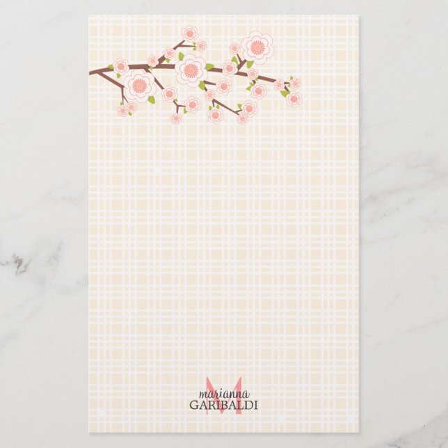 Girly Pink Cherry Blossom Personalised Stationery (Front)