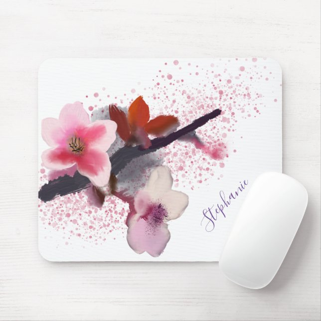 Girly Pink Cherry Blossoms Floral Mouse Mat (With Mouse)