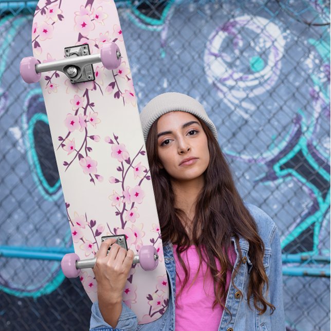 Girly Pink Cherry Blossoms Floral Skateboard (Creator Uploaded)