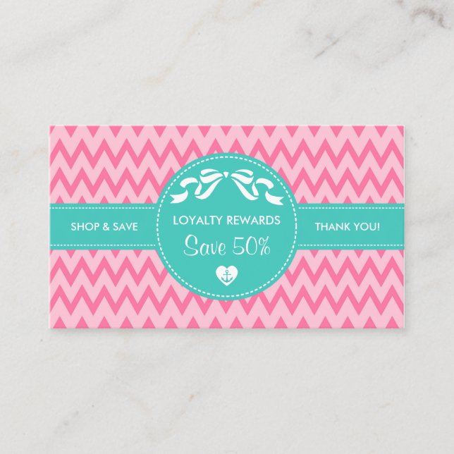 Girly Pink Chevron Boutique Loyalty Rewards Coupon (Front)