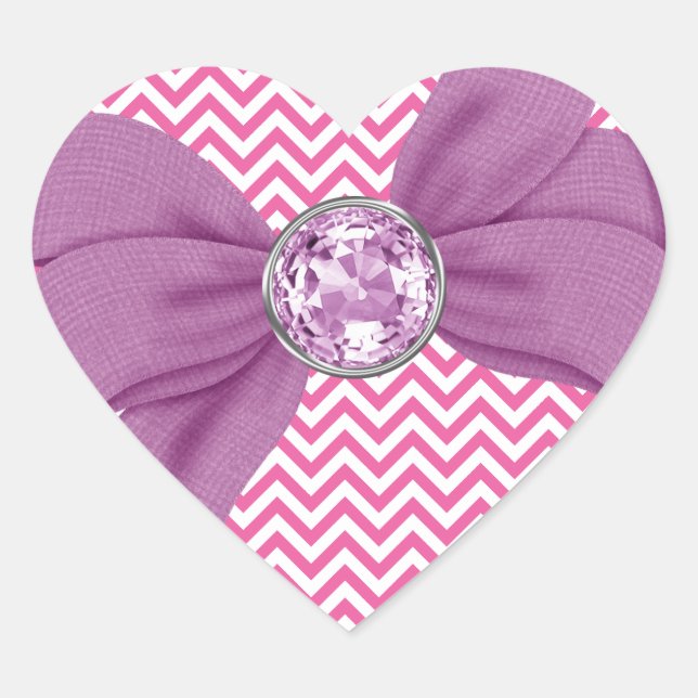 Girly Pink Chevron Jewel Purple Bow Heart Sticker (Front)