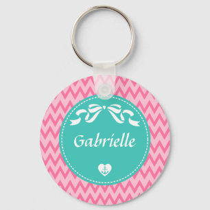 Girly Pink Chevron Pattern Cute Mint Bow With Name Key Ring