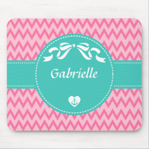 Girly Pink Chevron Pattern Cute Mint Bow With Name Mouse Mat