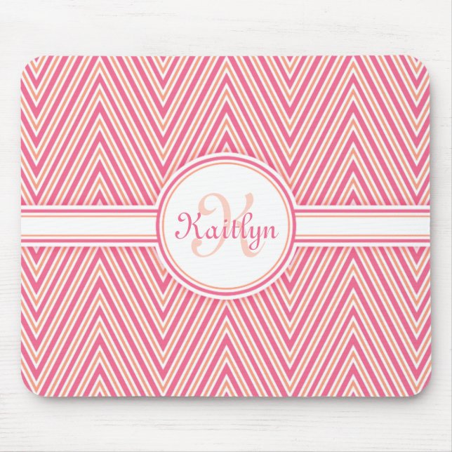Girly Pink Chevron with Monogram Mouse Mat (Front)