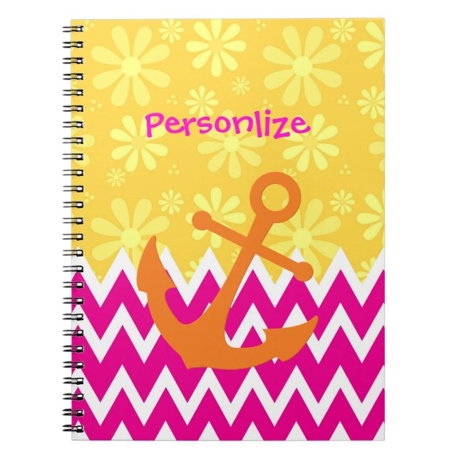 Girly Pink Chevrons Nautical Anchor With Name Notebook (Front)