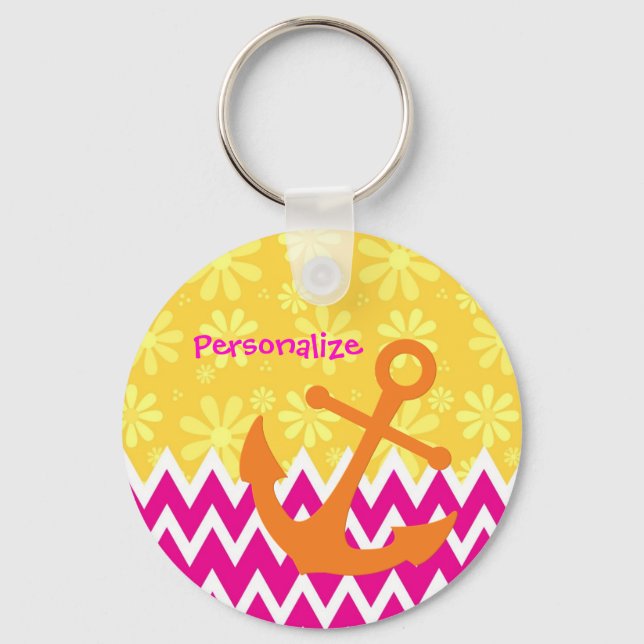 Girly Pink Chevrons Orange Anchor With Name Key Ring (Front)