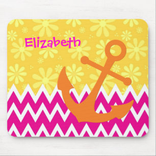 Girly Pink Chevrons Orange Anchor With Name Mouse Mat