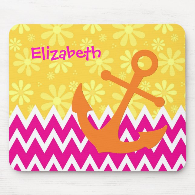 Girly Pink Chevrons Orange Anchor With Name Mouse Mat (Front)