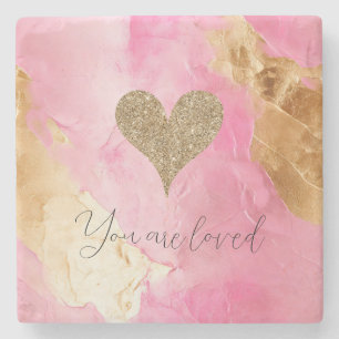 Girly Pink Chic Glam Gold Glitter Heart Stone Coaster