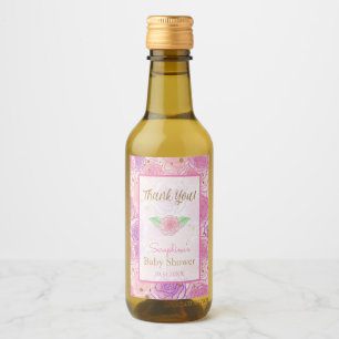 Girly Pink Chic Roses Gold Baby Shower Thank You Wine Label