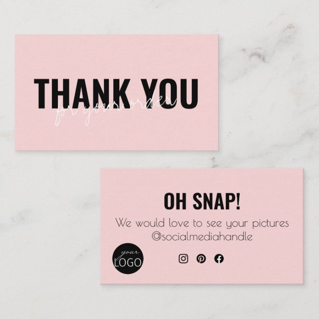 Girly Pink Chic Thank you Snap & Share Custom Logo Business Card (Front/Back)