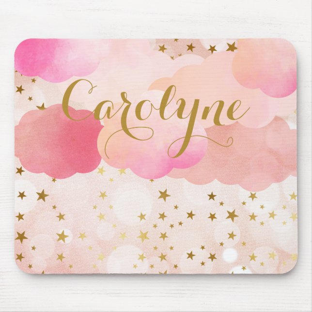 Girly Pink Clouds and Falling Stars Personalised Mouse Mat (Front)