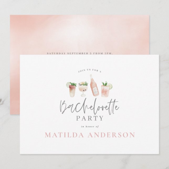 Girly pink cocktail stylish bachelorette party announcement (Front/Back)