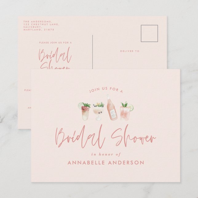 Girly pink cocktail stylish modern bridal shower invitation postcard (Front/Back)
