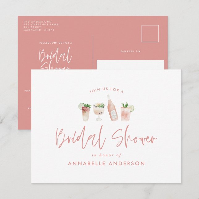 Girly pink cocktail stylish modern bridal shower invitation postcard (Front/Back)