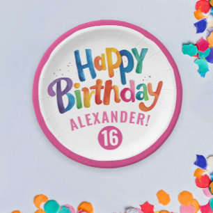 Girly Pink Colourful Birthday Party Watercolor Typ Paper Plate