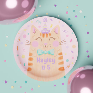 Girly Pink Colourful Cute Kitty Cat Birthday Party Paper Plate