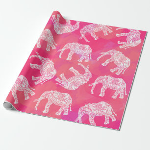 girly pink colourful tribal floral elephant wrapping paper