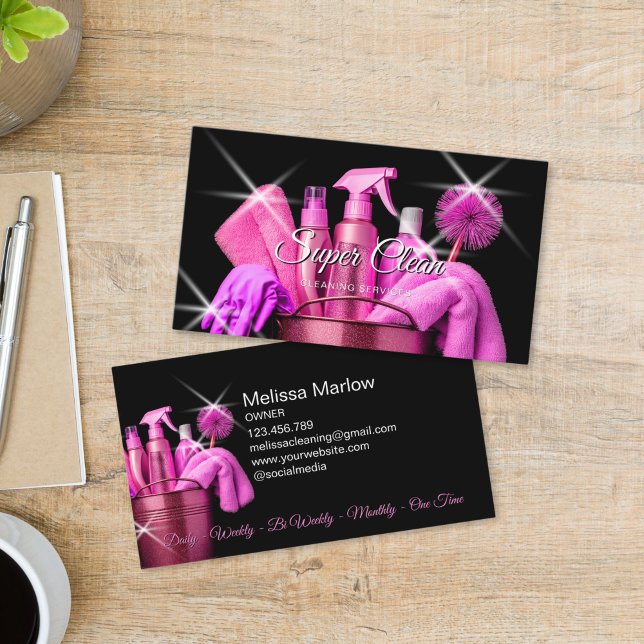 Girly Pink Commercial House Cleaning Housekeeping Business Card (glitter pink cleaning tools business cards)