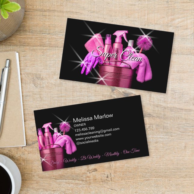Girly Pink Commercial House Cleaning Housekeeping Business Card (chic pink cleaning tools business card)