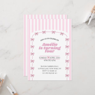 Girly Pink Coquette Bow Fourth Birthday Party Invitation