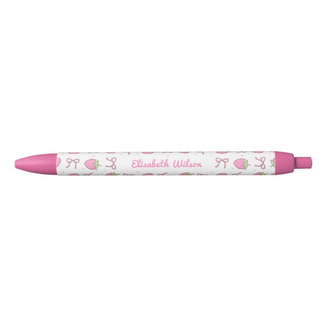 Girly Pink Coquette Strawberry Bow Script Name Black Ink Pen (Front)