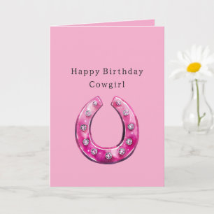 Girly Pink Cowgirl Faux Jewel Horse Shoe Card