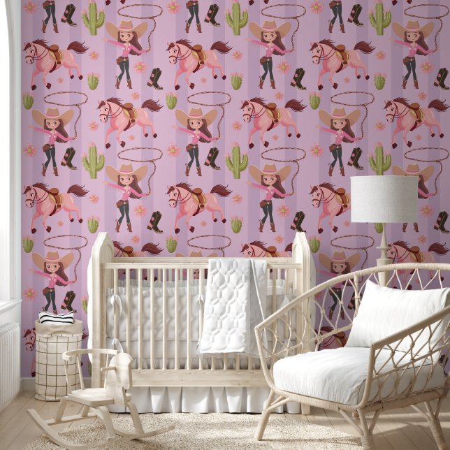 Girly Pink Cowgirl Horse Rodeo Western Design Wallpaper (Kids)