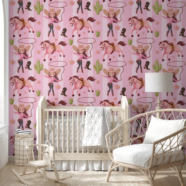 Girly Pink Cowgirl Horse Rodeo Western Design Wallpaper (Kids)