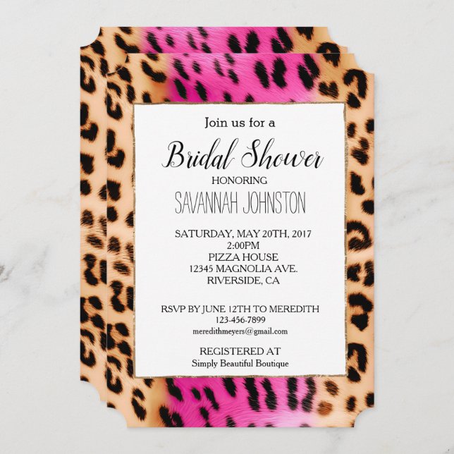 Girly Pink Cream Black Leopard Print Invitation (Front/Back)