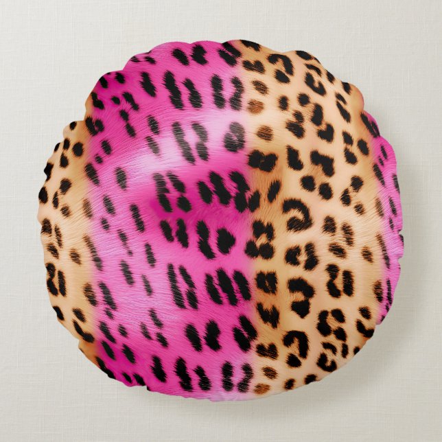 Girly Pink Cream Leopard Print Round Cushion (Front)