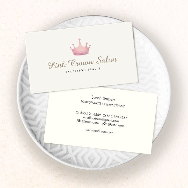 Girly Pink Crown Logo, Makeup Artist Beauty Salon Business Card (Creator Uploaded)