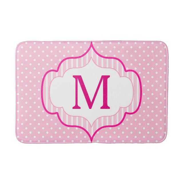 Girly Pink Custom Monogram Polka Dot Pattern Bath Mat (Front)