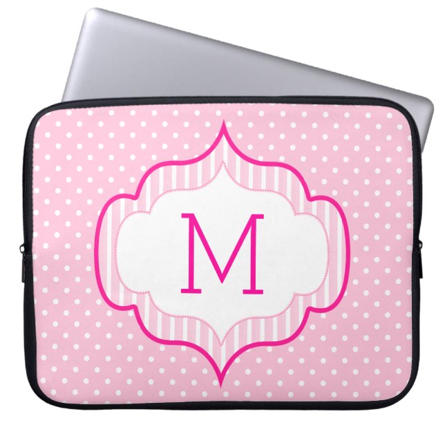 Girly Pink Custom Monogram Polka Dot Pattern Laptop Sleeve (Front)