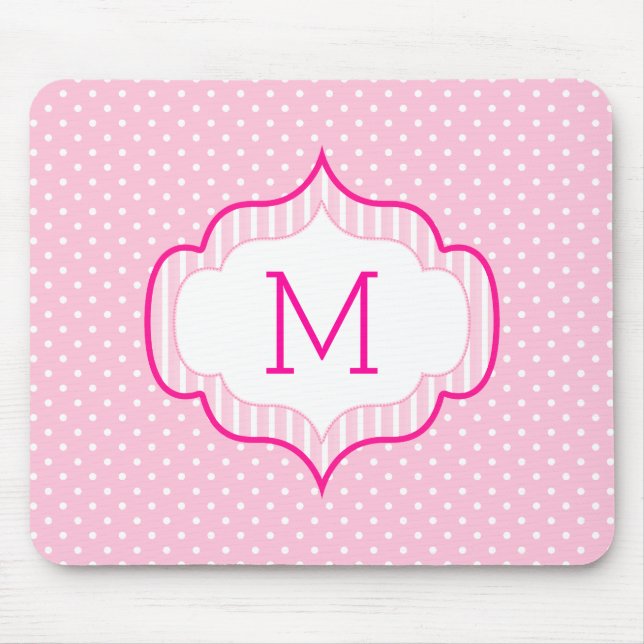 Girly Pink Custom Monogram Polka Dot Pattern Mouse Mat (Front)