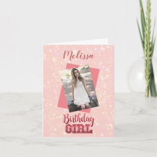 Girly Pink Custom Photo Name Pink Sparkle Birthday Card