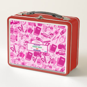 girly pink Customisable Back to School Pattern Metal Lunch Box