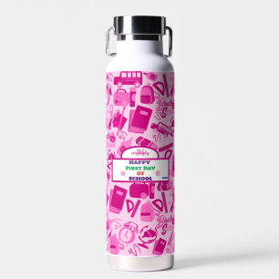 girly pink Customisable Back to School Pattern Water Bottle