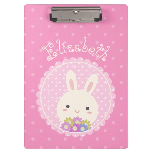 Girly Pink Cute Kawaii Bunny & Flowers Custom Name Clipboard (Front)