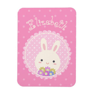 Girly Pink Cute Kawaii Bunny & Flowers Custom Name Magnet