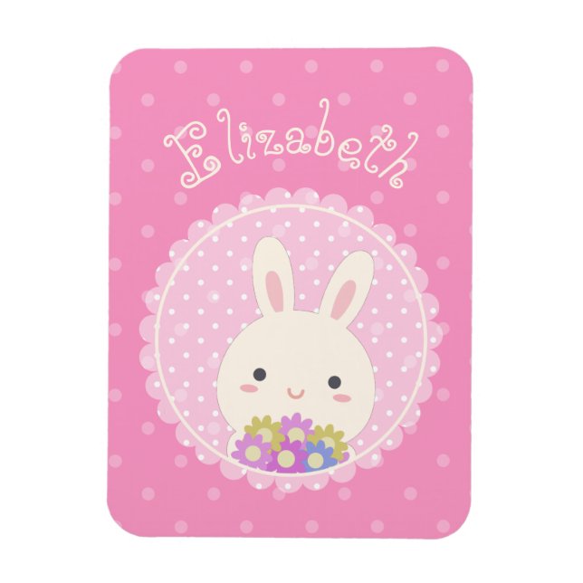 Girly Pink Cute Kawaii Bunny & Flowers Custom Name Magnet (Vertical)