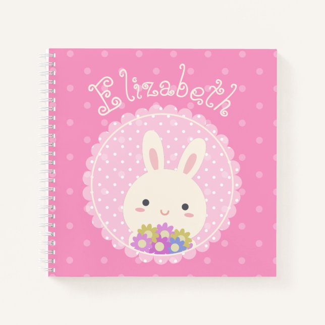 Girly Pink Cute Kawaii Bunny & Flowers Custom Name Notebook (Front)